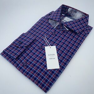 Eton Dress Shirt Mens XL 17 - 43 Blue Red Plaid Formal Slim Fit York Button Up
